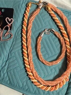 Women’s Peach-Coral Twisted Rope Necklace and Bracelet Set